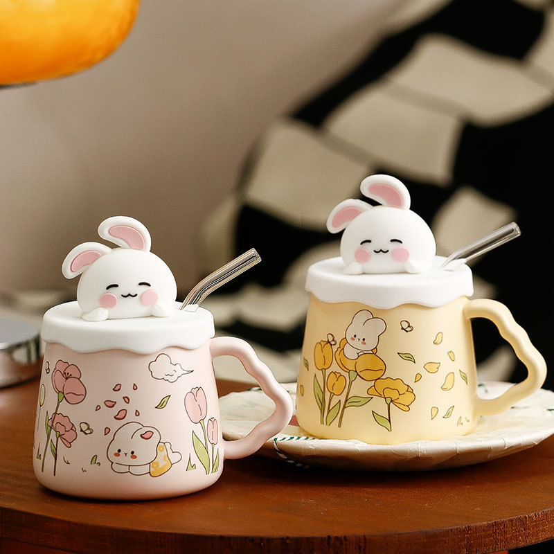 ???? Kawaii Bunny Ceramic Mug with Lid & Straw – Cute Pastel Drinkware