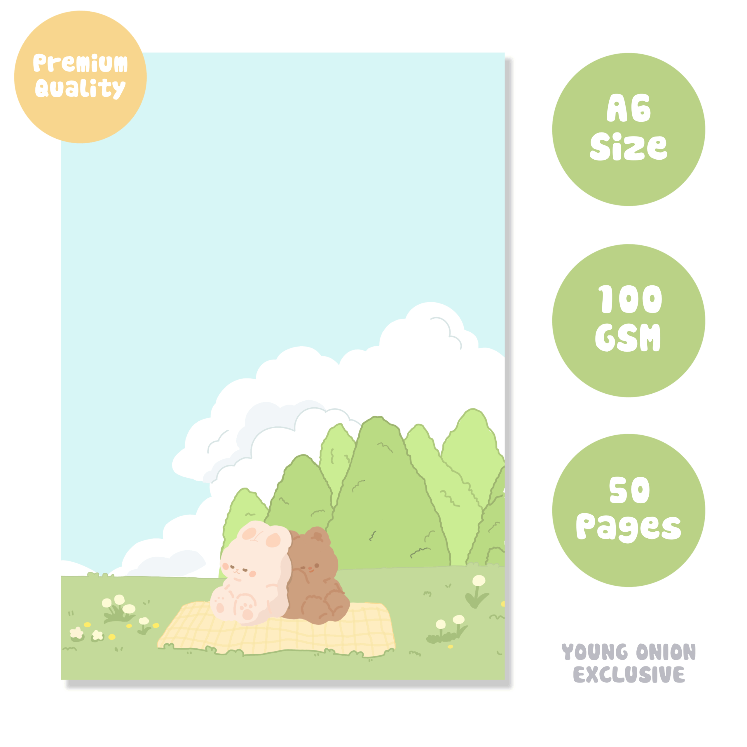 Cloudy Picnic A6 Notepad with Free Bookmarks | 50 Pages | Young Onion Exclusive