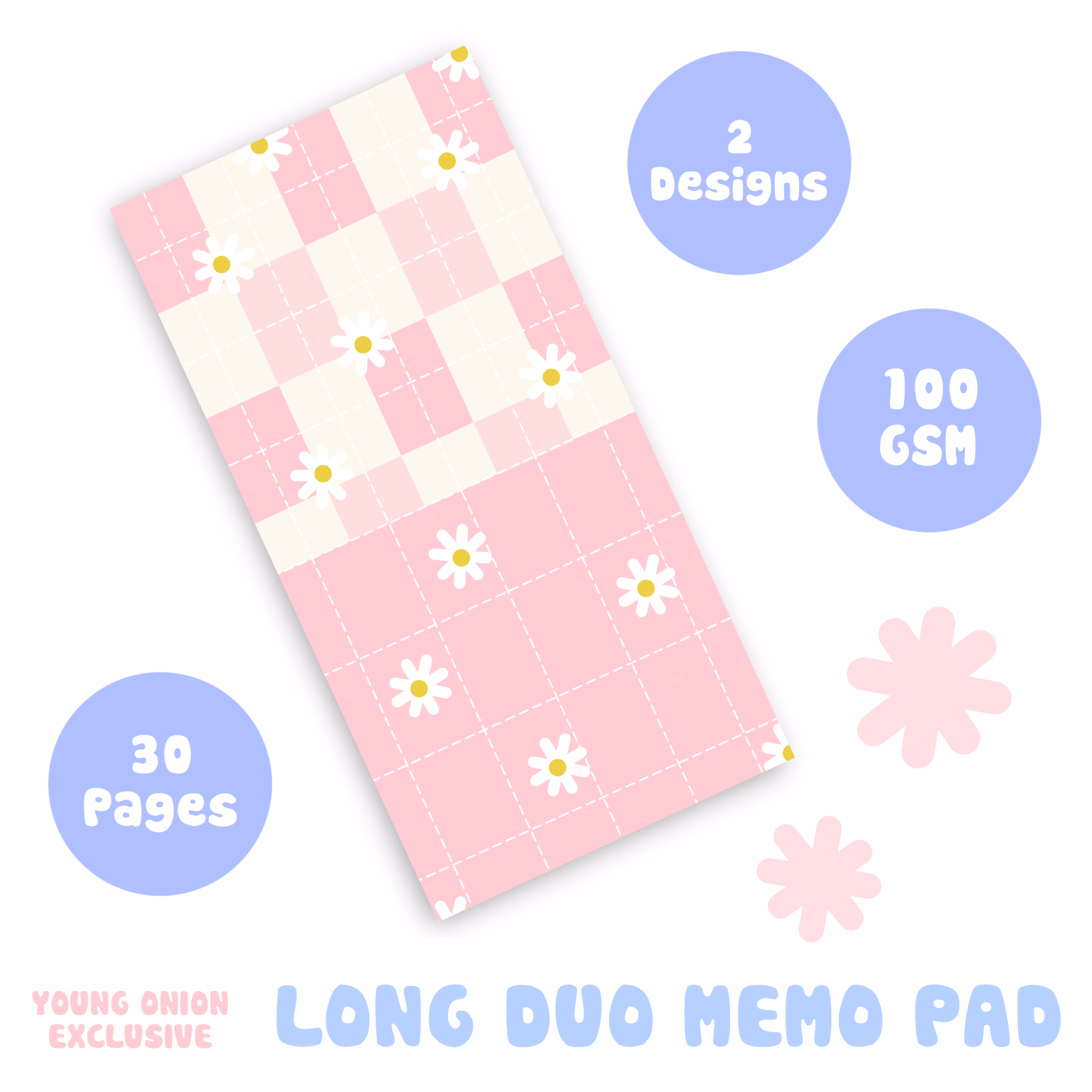 Pink & Daisy Check – Long Duo Memo Pad (Young Onion Exclusive)