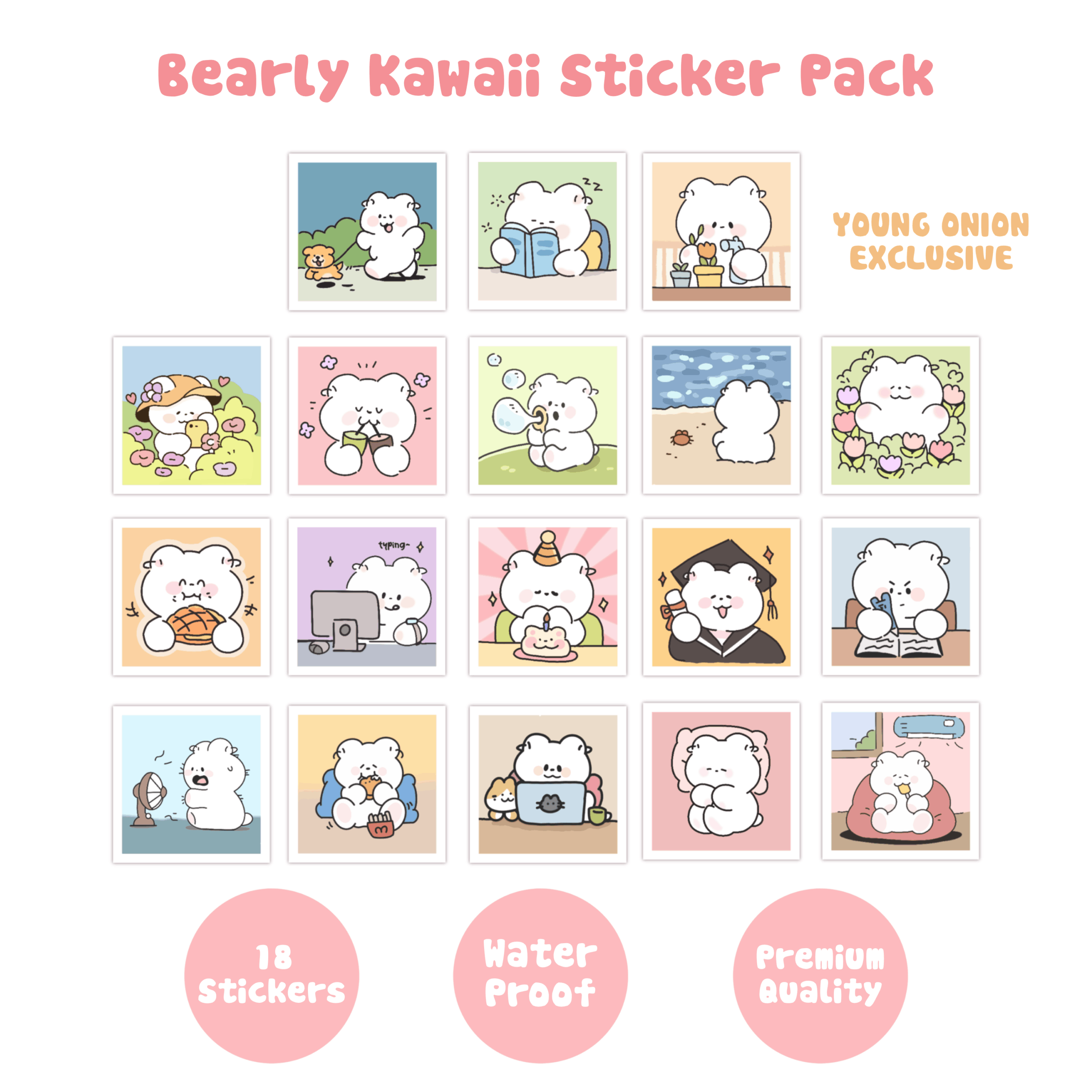 Bearly Kawaii Premium Waterproof Sticker Pack – Set of 18 (Young Onion Exclusive)