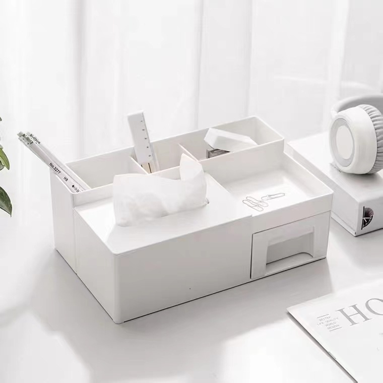 Minimalist Multi-Compartment Desk Organiser with Tissue Holder & Drawer