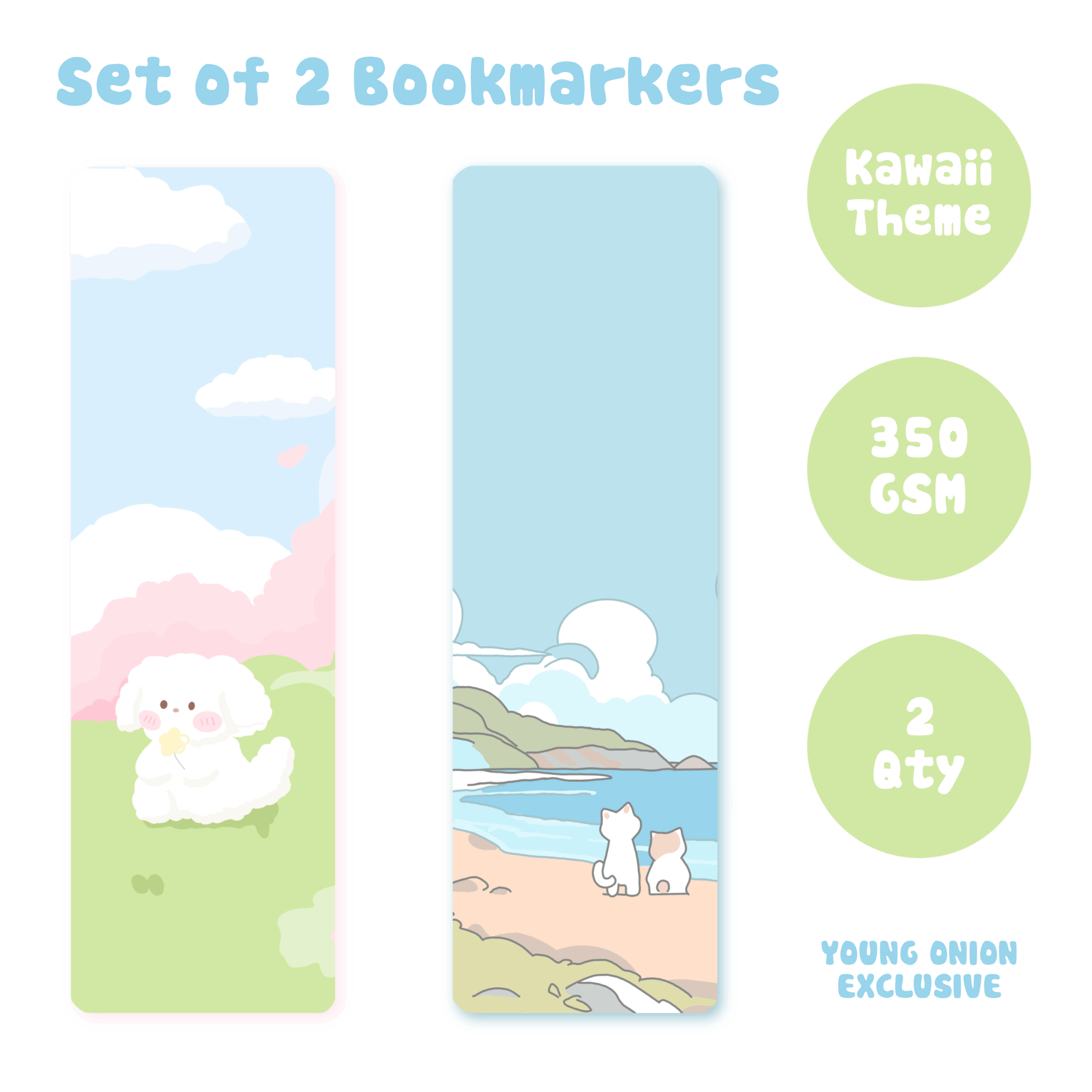 Kawaii Daydream Bookmark Duo – Fluffy Pup & Coastal Cats